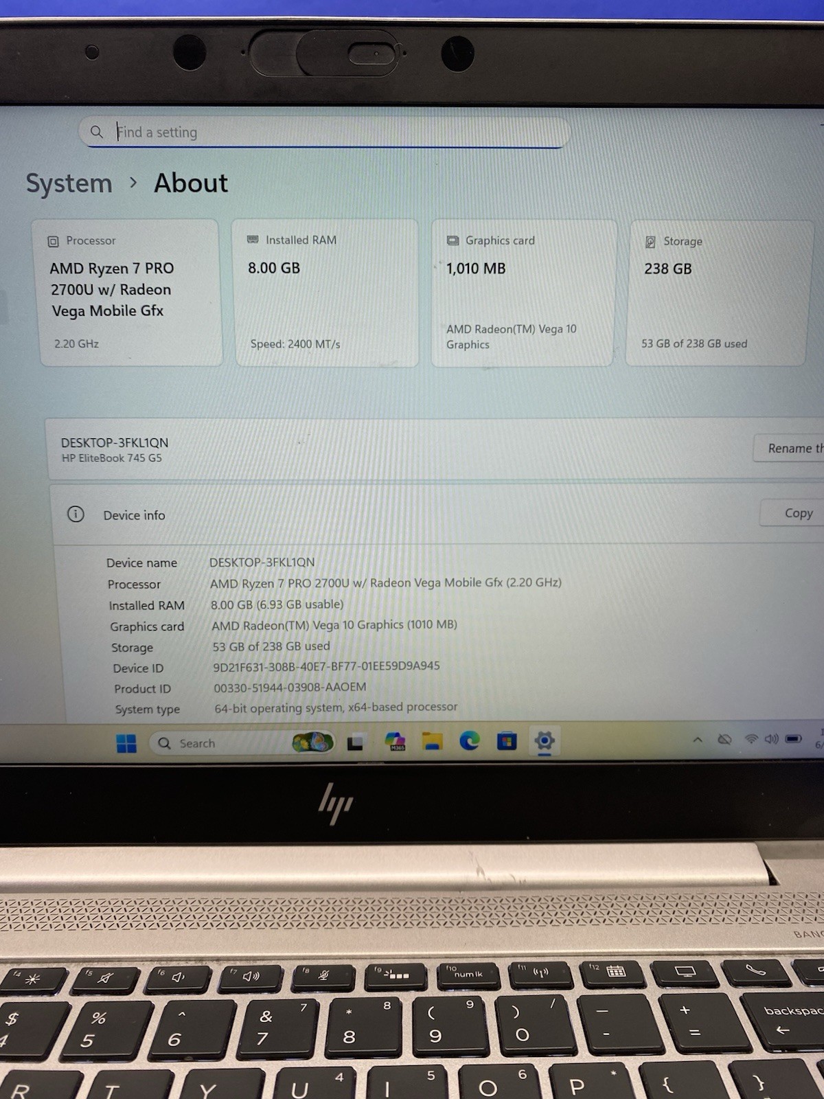 HP EliteBook 745 G5 14″ Ryzen 7 PRO 2700U @ 2.20GHz 8GB RAM 256GB SSD Windows 11