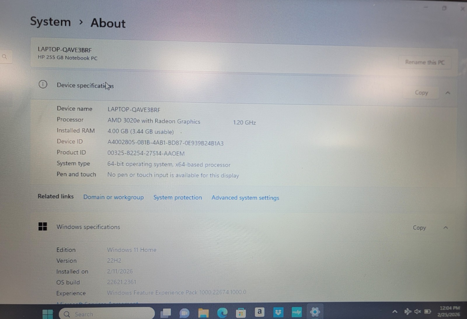HP 255 G8 Laptop AMD 3020e Radeon 1.2GHz 4GB RAM 256GB SSD Win 11 Home Pre-Owned
