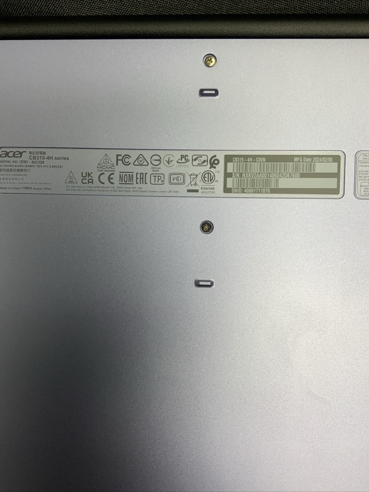 USED ACER CB315-4H SERIES MODEL N21Q9 CHROMEBOOK LAPTOP (QUI002370) Case Inc