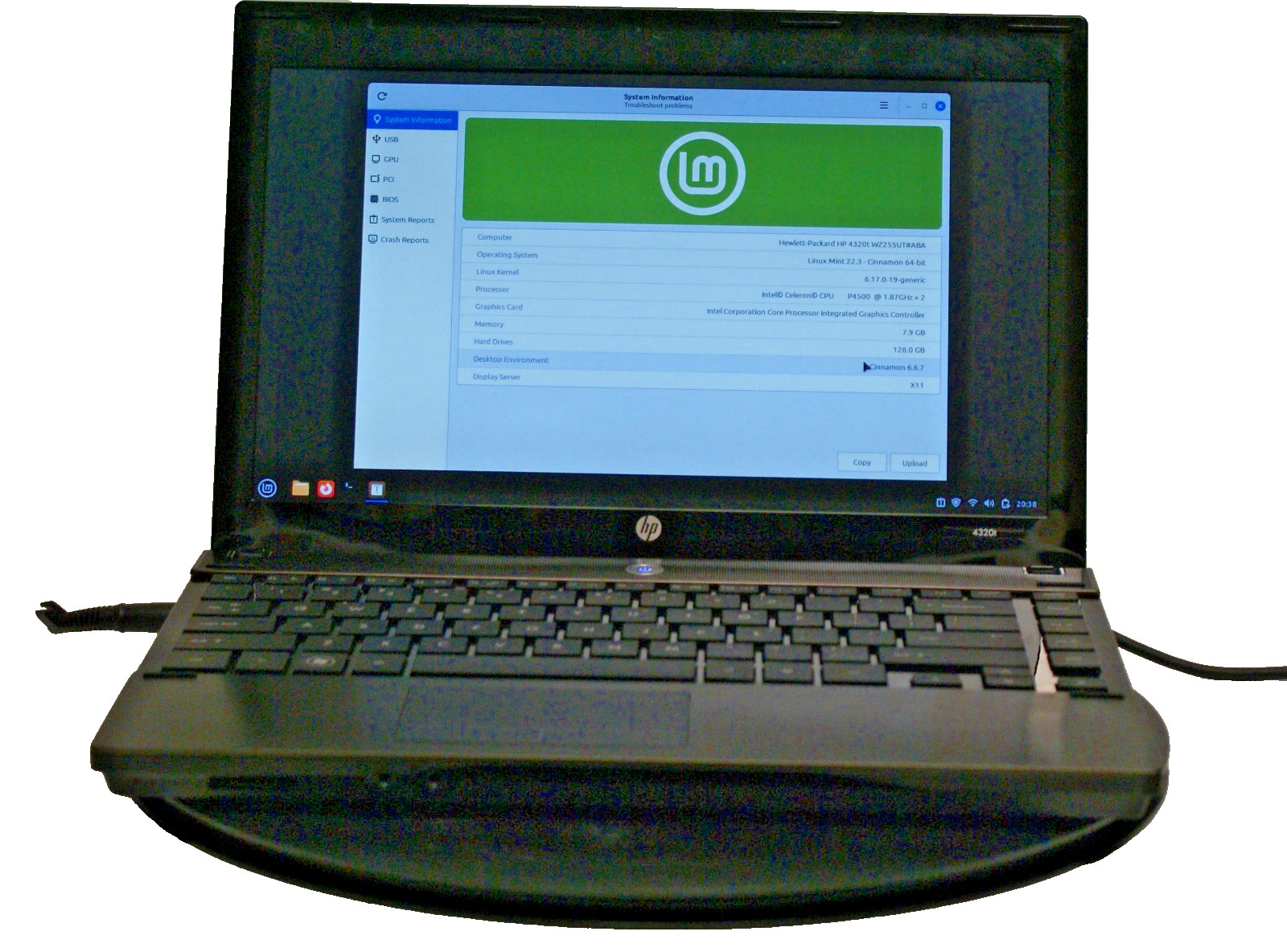 HP 4320t Celeron P4500 8GB 128GB SSD Linux Mint GIMP LibreOffice with Charger