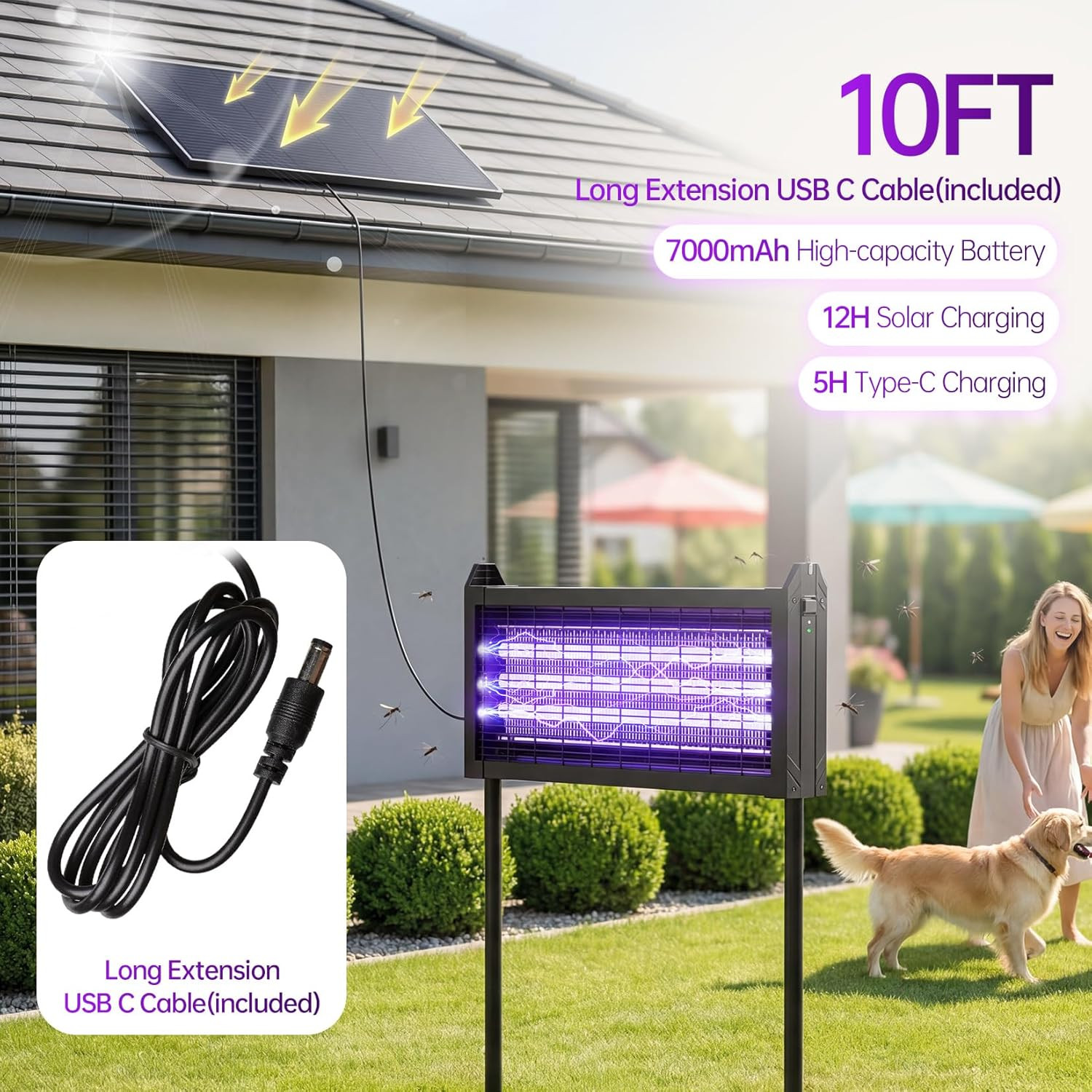 Solar Powered Mosquito Zapper, 4500V Outdoor Bug Zapper with 15W Solar Panel, Wa