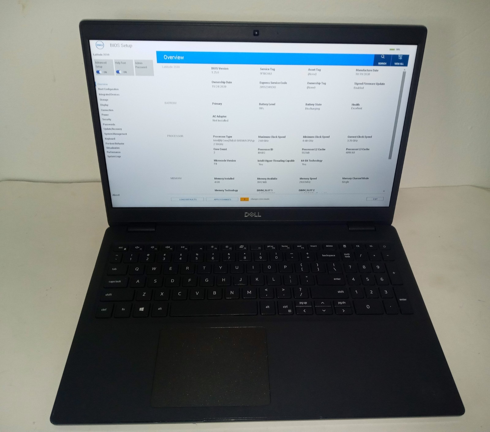 Dell Latitude 3510 15.6” Laptop Intel Core i3-10110U 2.10 GHz 4GB Ram-For Parts