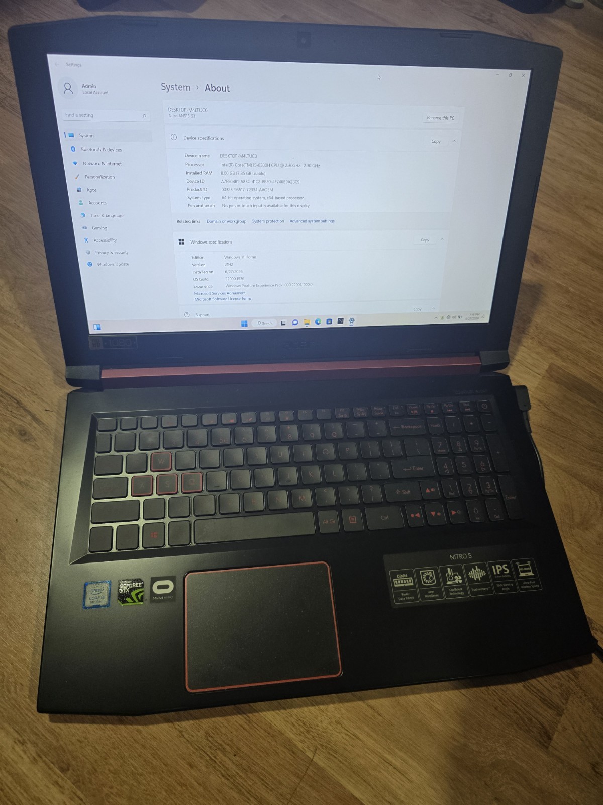 Acer Nitro 5 AN515-53-52FA 15.6″ Intel i5-8300H 16GB RAM 1TB HDD Win 11 Home