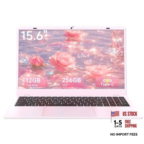 Pink Laptop Computer for Students, 15.6 Inch FHD IPS Display, 12GB RAM 256GB
