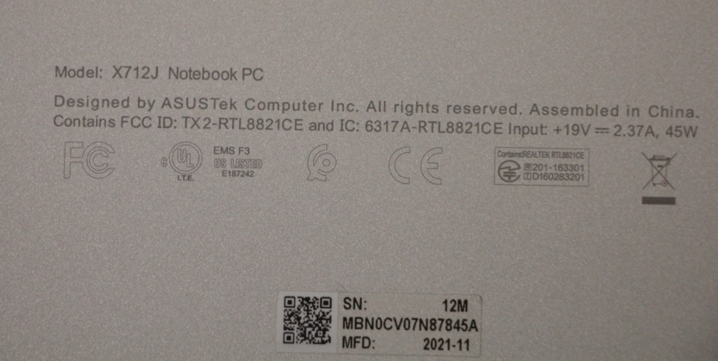 ASUS Vivobook X712J 17.3″ HD+ LAPTOP/i7-1065G7/12GB RAM/1TB SSD/W10H, Silver