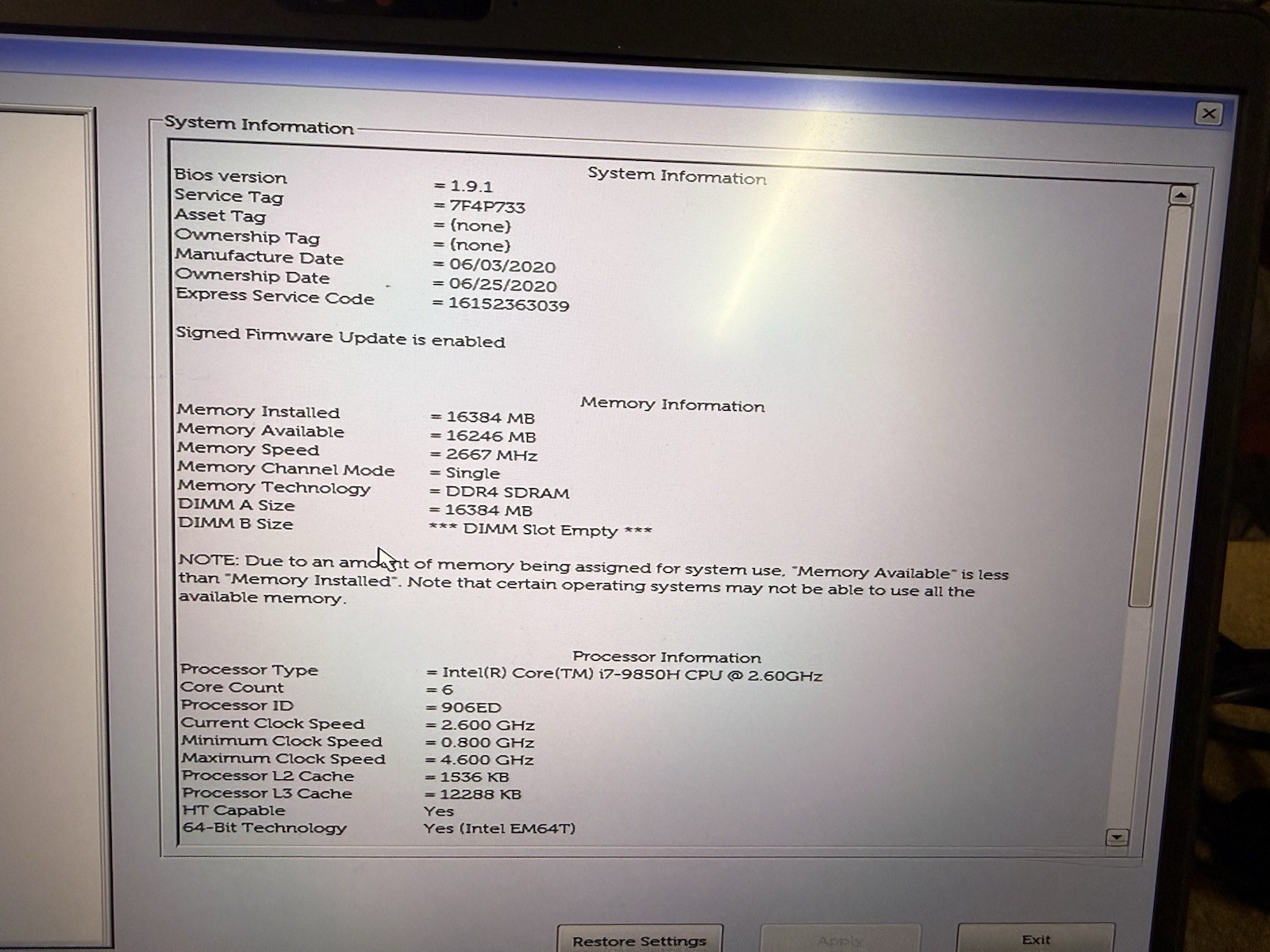 Dell Latitude 5501 w/ Intel Core i7-9850H 2.60GHz 16GB RAM 512GB NVMe PWR NO OS