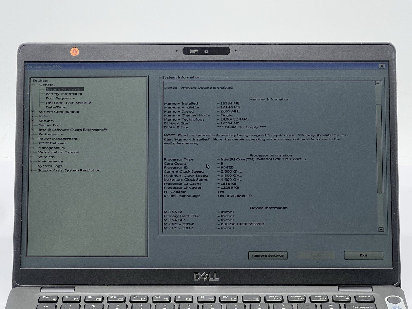 Dell Latitude 5401, i7-9850H CPU, @ 2.60GHz, 16GB RAM, 256GB NVMe-No OS/AC