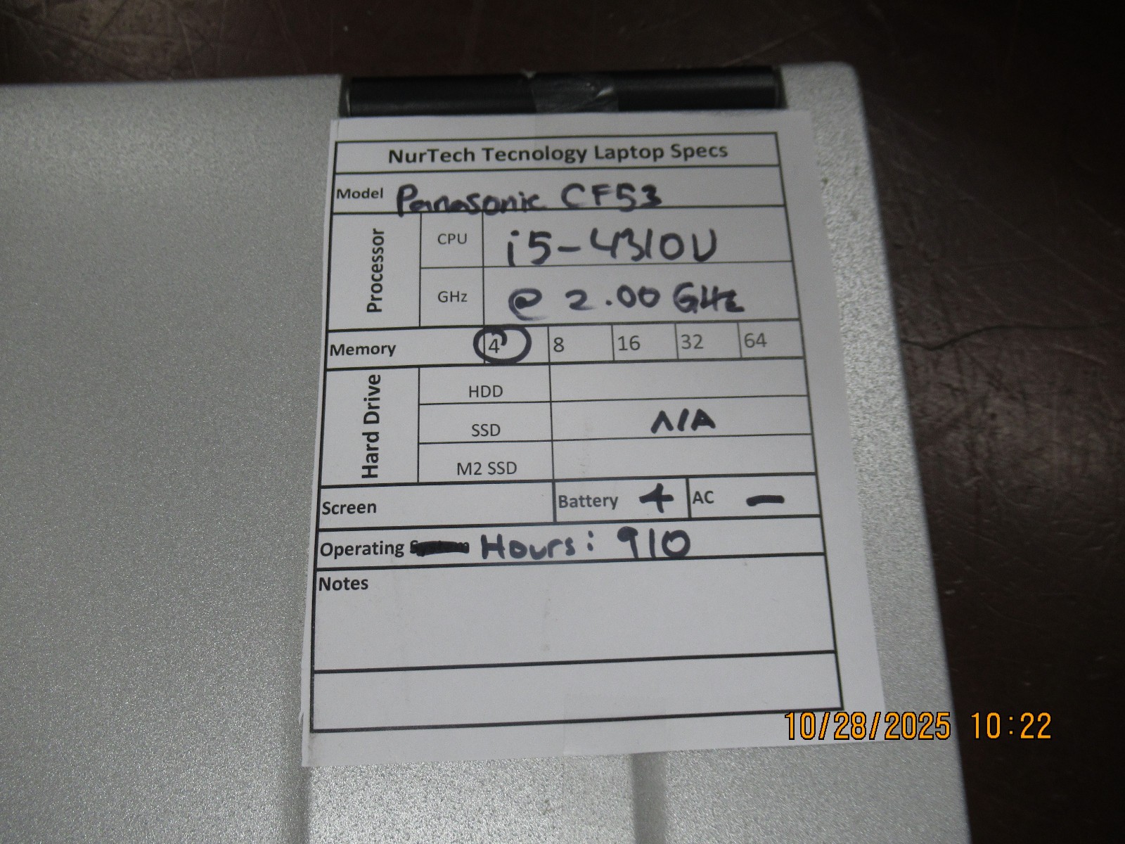 Panasonic Toughbook CF-53 i5 4310U 2.00GHz 4GB Laptop [NO HDD/AC/OS] Hours: 910