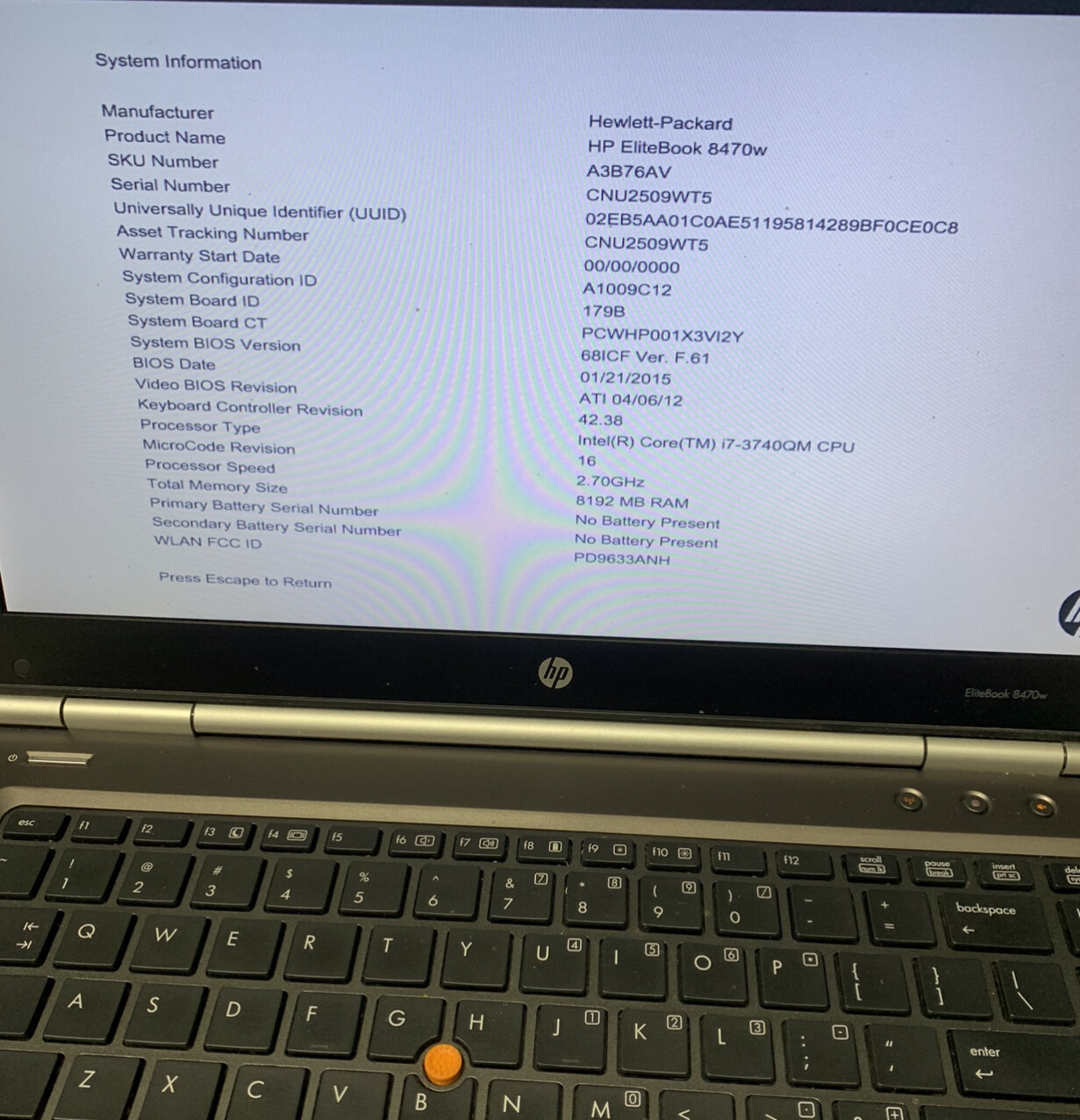 HP EliteBook 8470w Intel i7-3740QM 2.7GHz 4GB RAM not hard drive