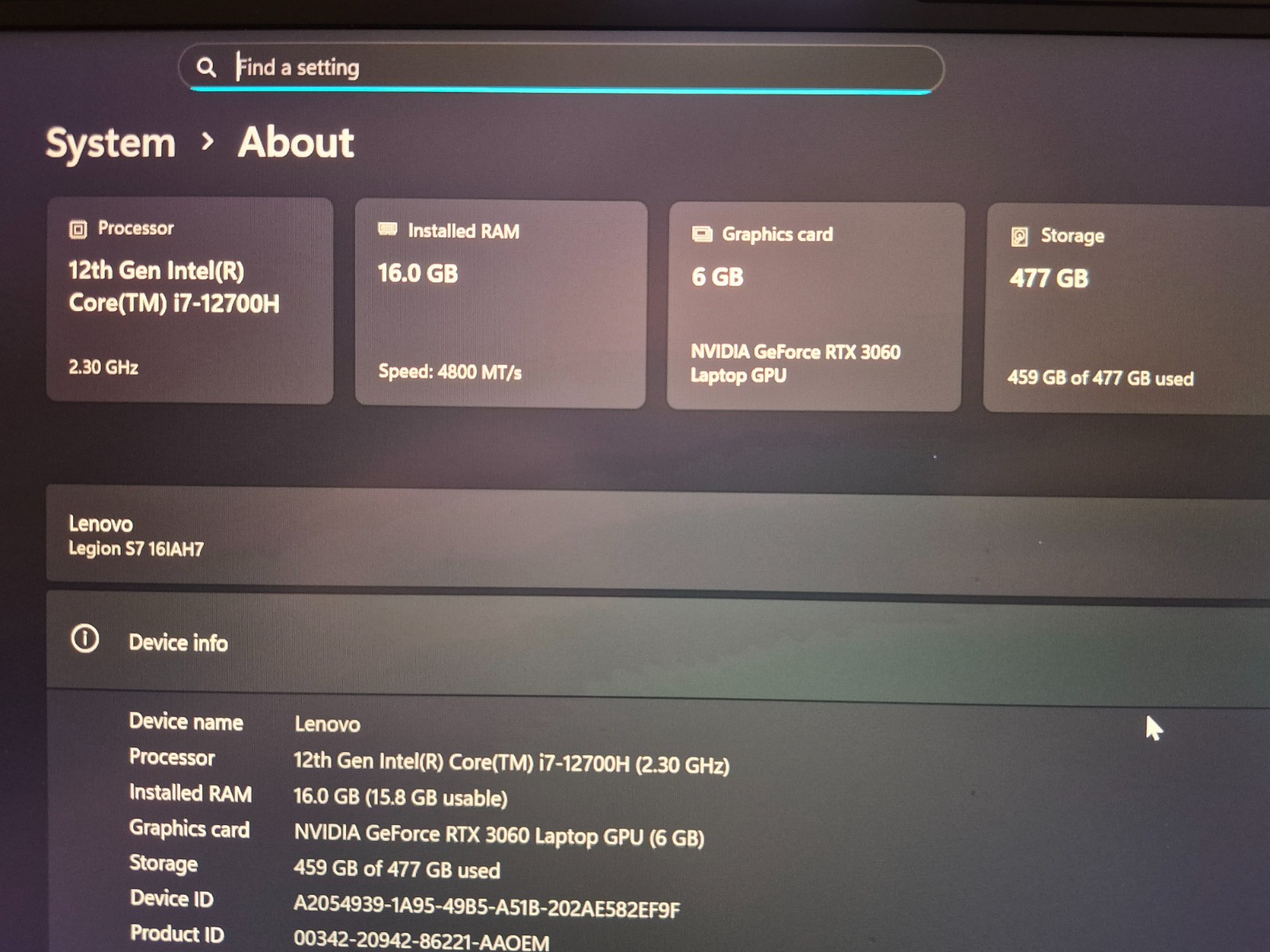 Lenovo Legion slim 7i laptop computer 3060
