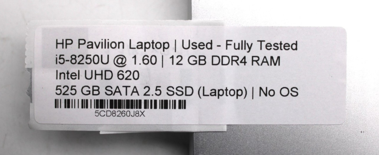 HP Pavilion 15-cs0053cl-i5-8250U@1.6GHz-12GB DDR4-525GB SATA-NO OS *USED/TESTED*