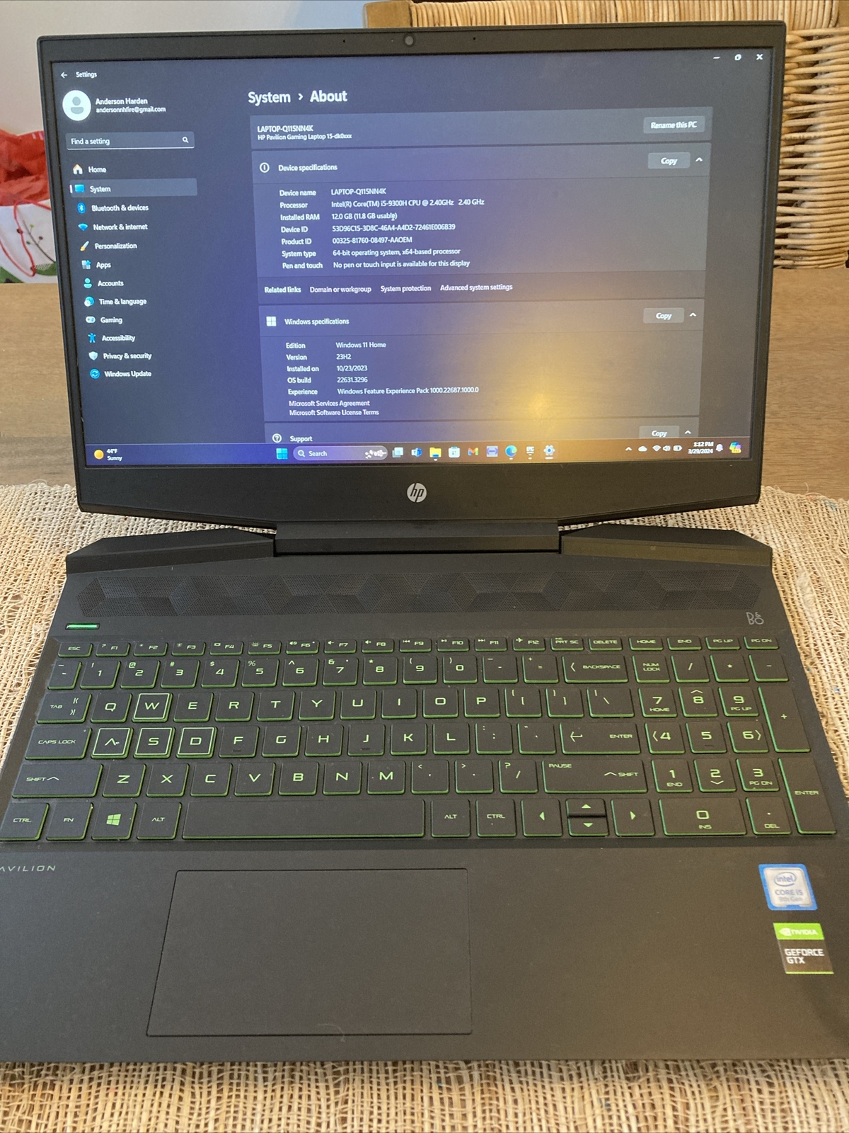 HP Pavilion Gaming PC16.5 inch, Intel Core i5 9th Gen. 12Gb RAM. GTX 1650 GPU