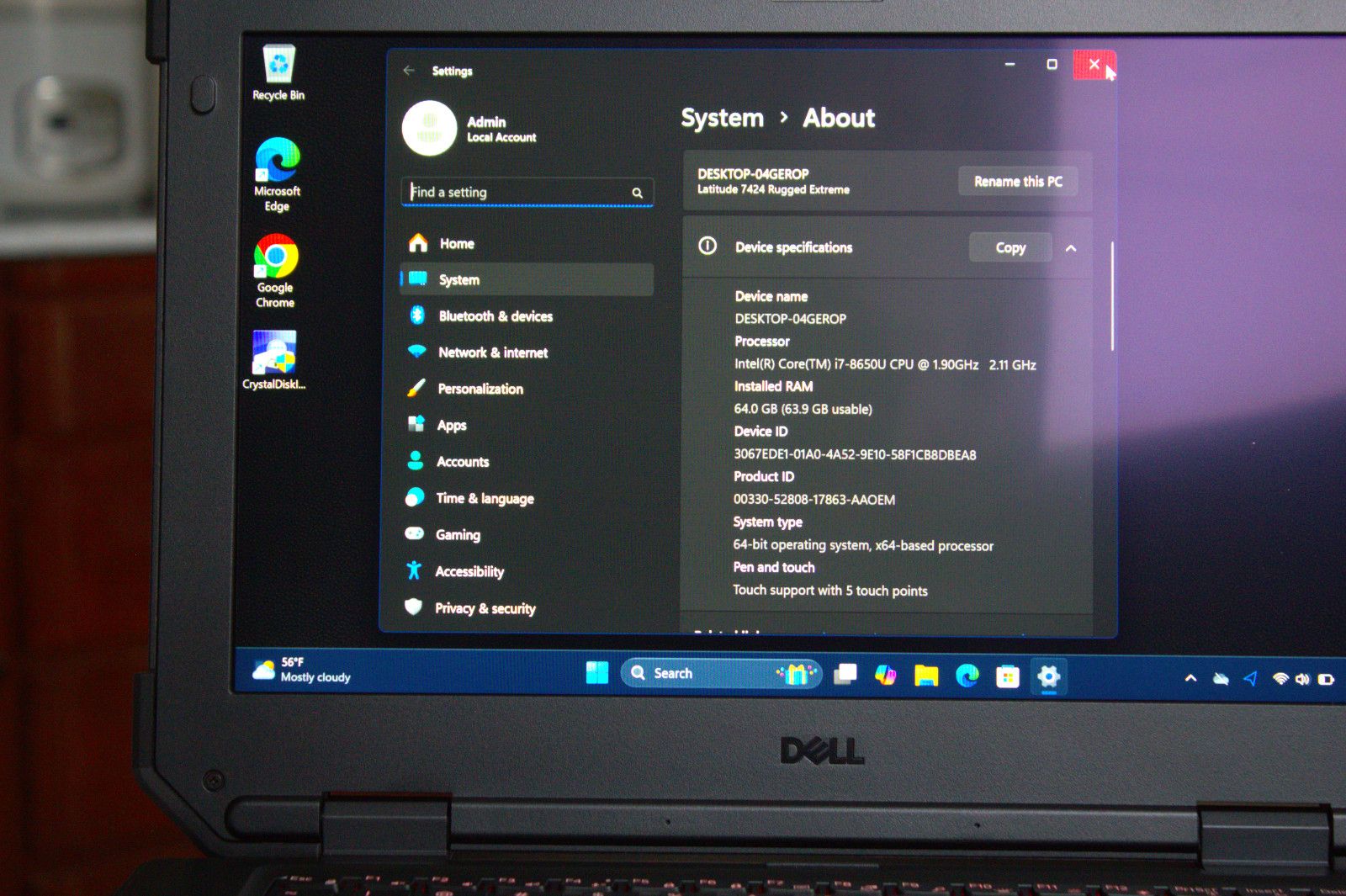 Dell Latitude 7424 Rugged i7-8650U AMD RX540 2TB SSD 64GB RAM Touch Good Cond.