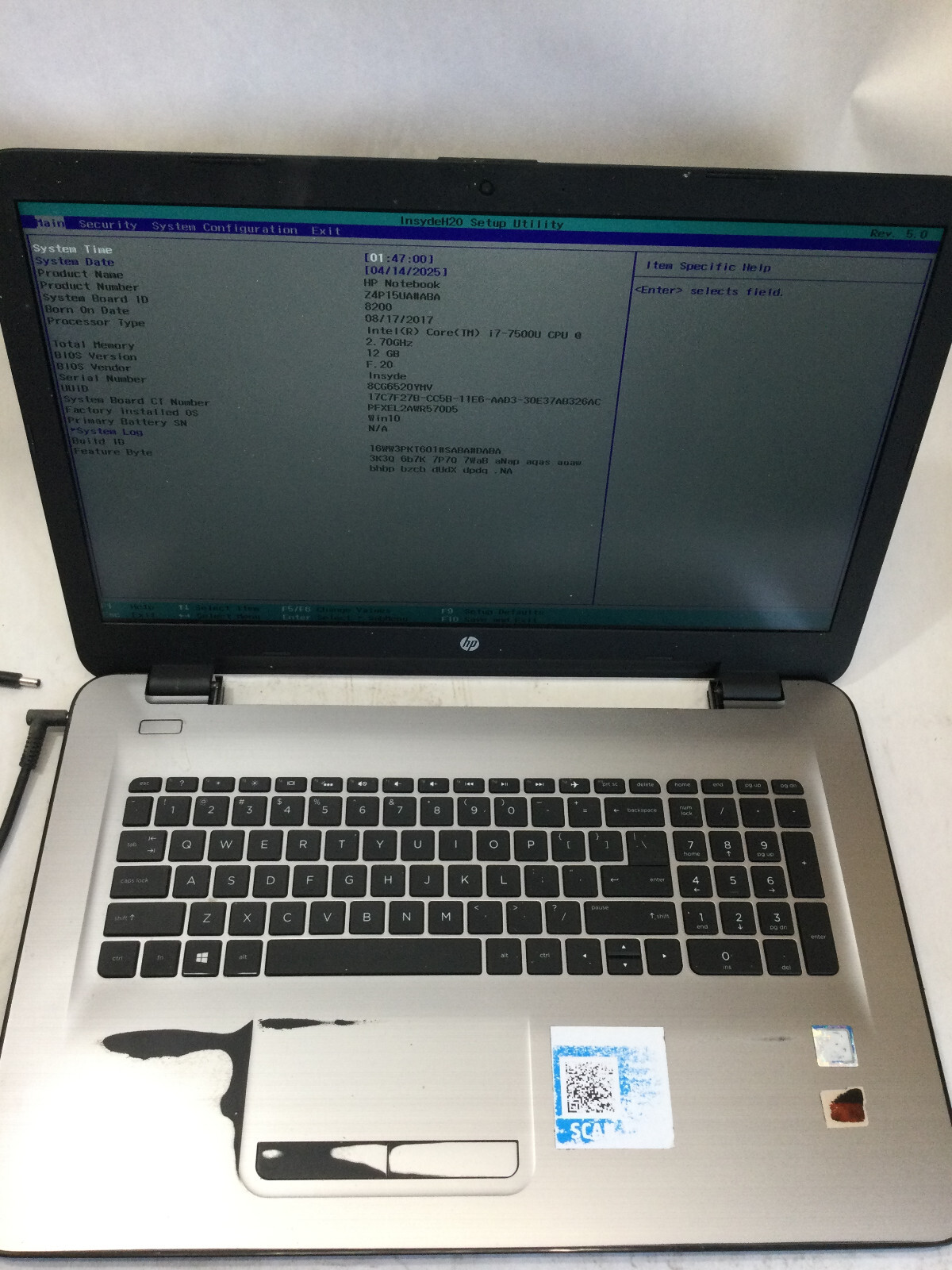HP NOTEBOOK 17-X127CL – BOOTS TO BIOS – INTEL I7-7500U – NO RAM – READ DESC-BB
