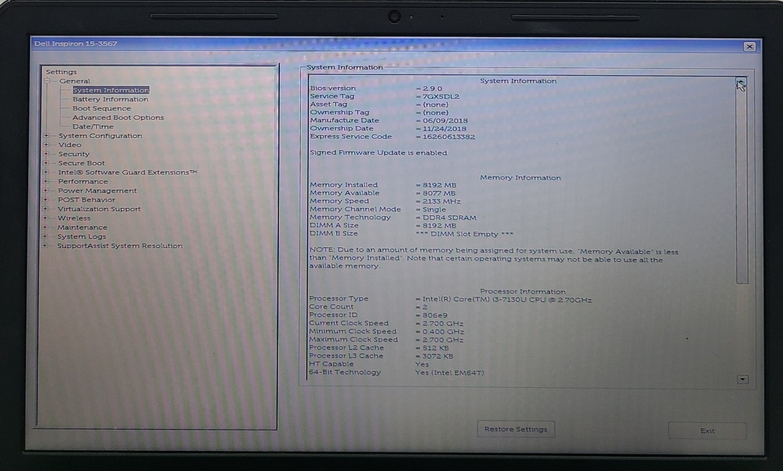 Dell Inspiron 15-3567 15.6″ Laptop Intel i3-7130U 8GB RAM NO HD/OS (FL)