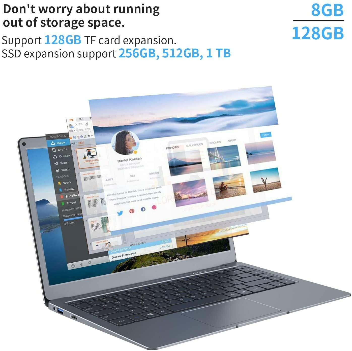 Laptop 13.3 inch 8GB RAM 128GB ROM Quad Core Celeron, Windows 10 Thin and Gray