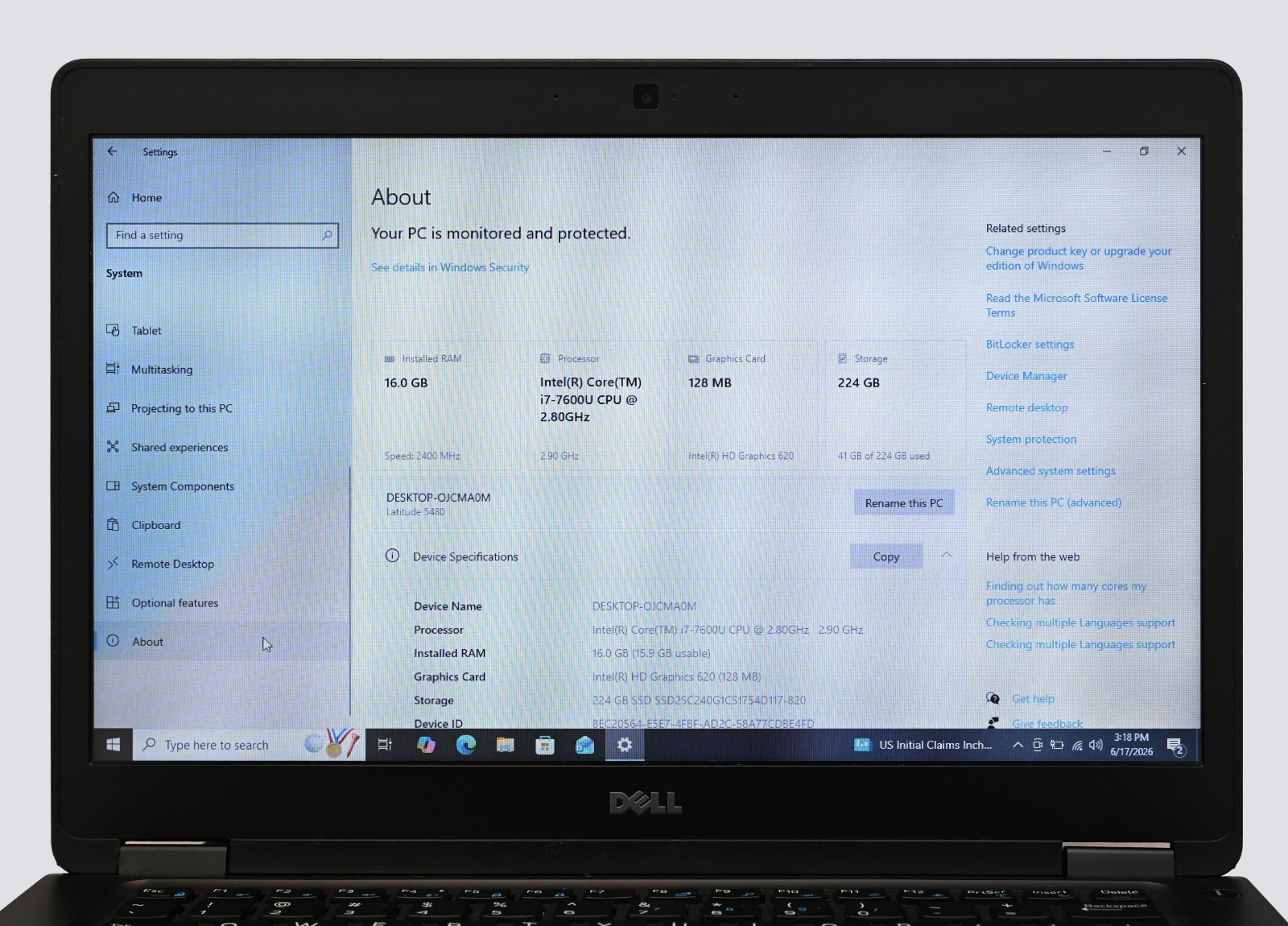 Dell Latitude 5480 i7-7600u 2.8GHz 16GB RAM 256GB SSD Windows 10 Pro