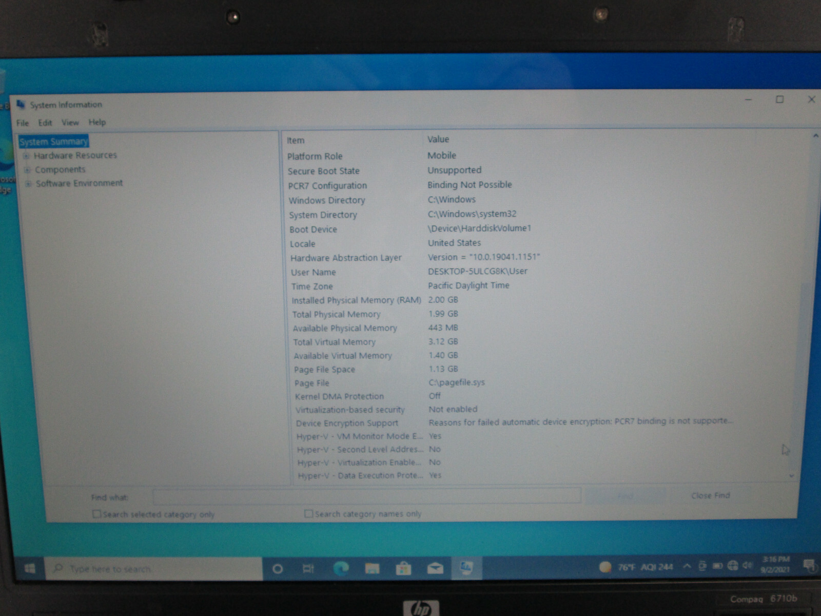 HP Compaq 6710b Laptop Computer 80 GB HDD 2 GB RAM Windows 10 Pro AS IS H6