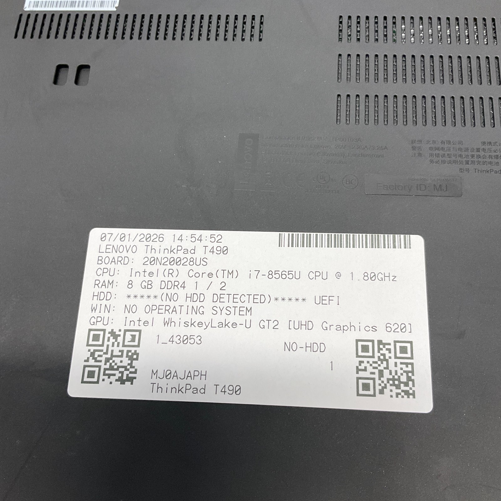 Lenovo Thinkpad T490 14” Intel Core i7-8665U 1.90GHz 8GB Laptop READ ISSUE