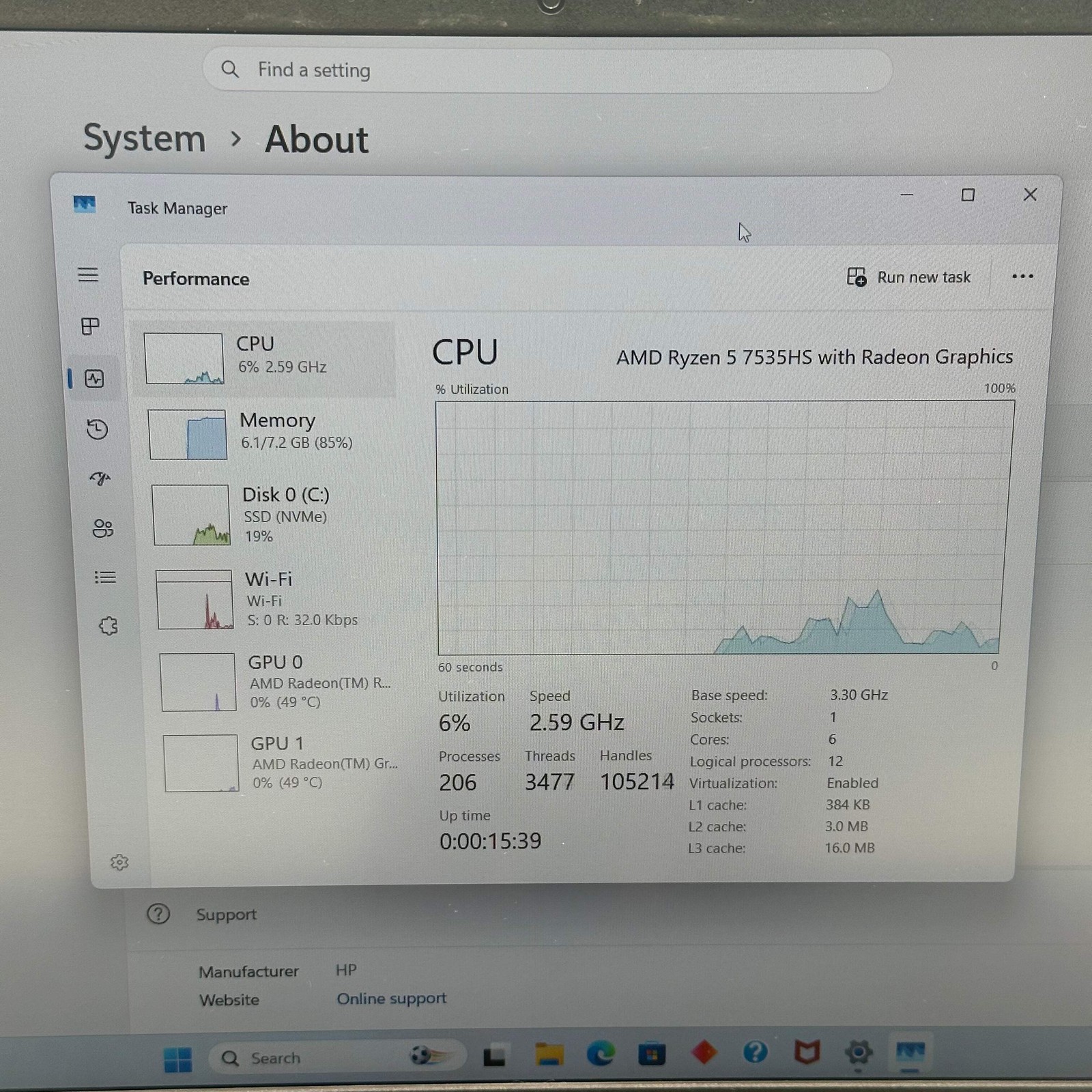 HP 15-fb2063dx 15.6″ Ryzen 5 7535HS 8GB 512GB SSD RX 6550M Laptop
