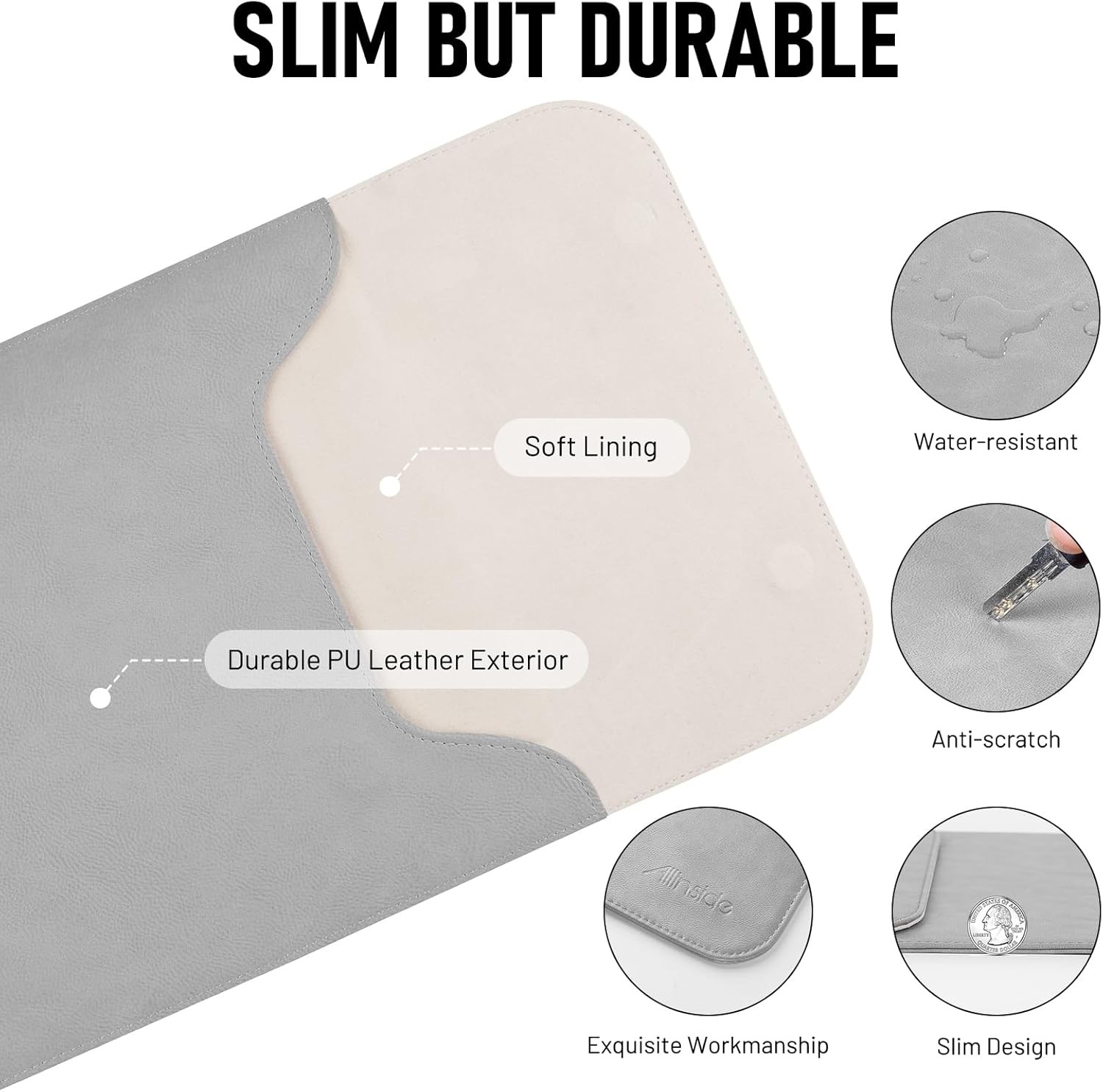 Gray Waterproof PU Leather Laptop Sleeve Bag for 15-16 inch MacBook Pro & Air