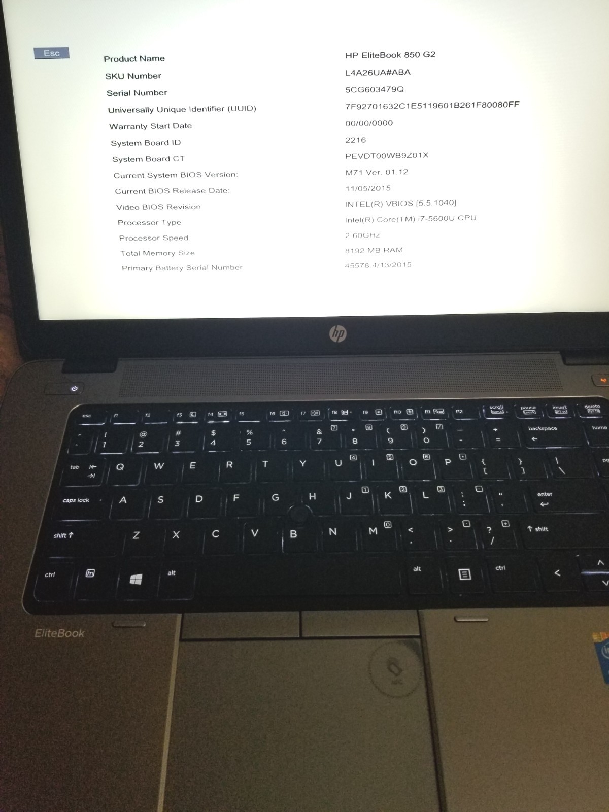 HP EliteBook 850 G2 i7-5600U 128GB SSD 8GB RAM Battery AC Radeon R7 M260X No OS