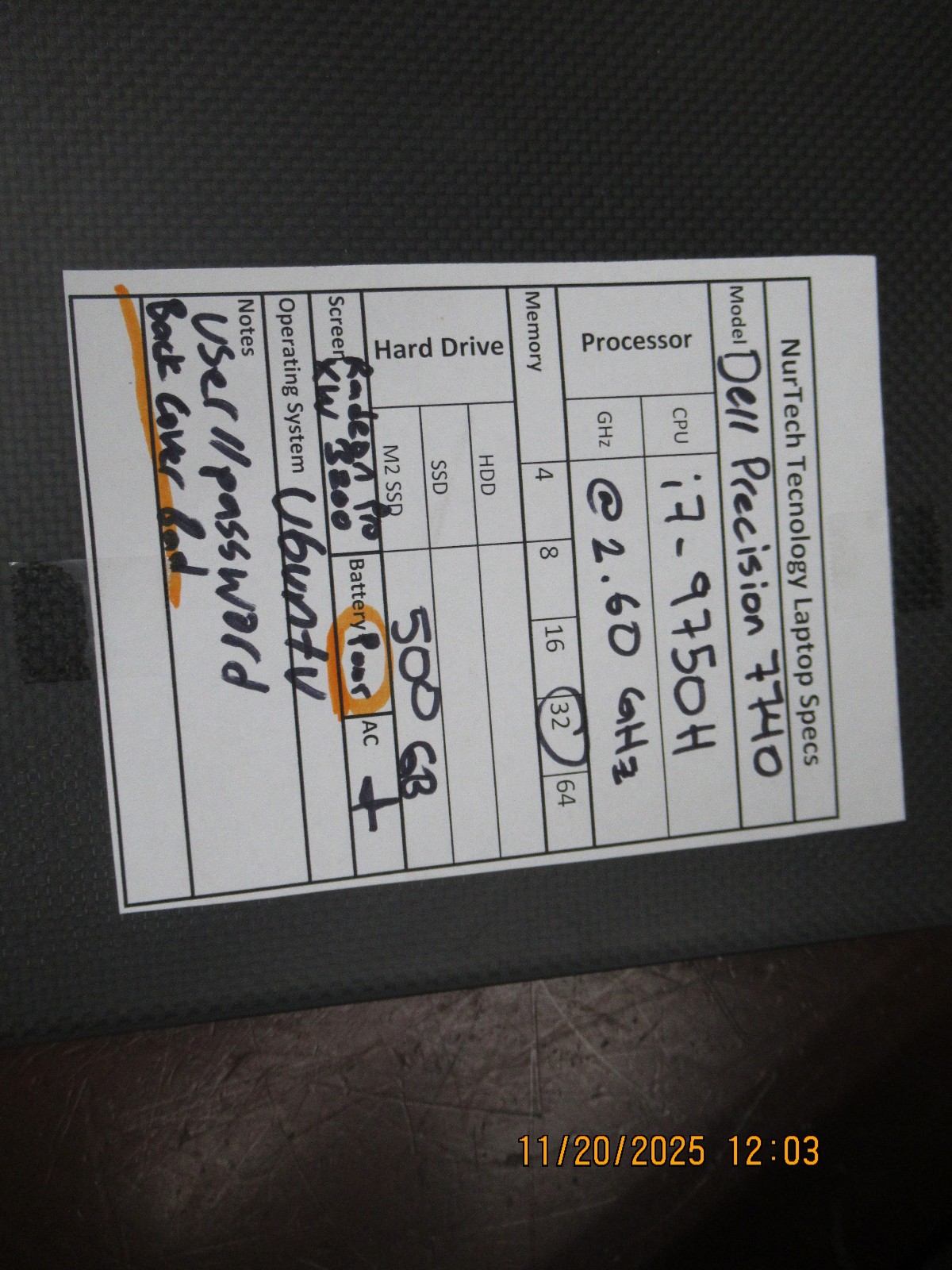 Dell Precision 7740 17.3″ 2.60GHz i7-9750H 32GB 500GB M2SSD WX 3200 Laptop w/ AC