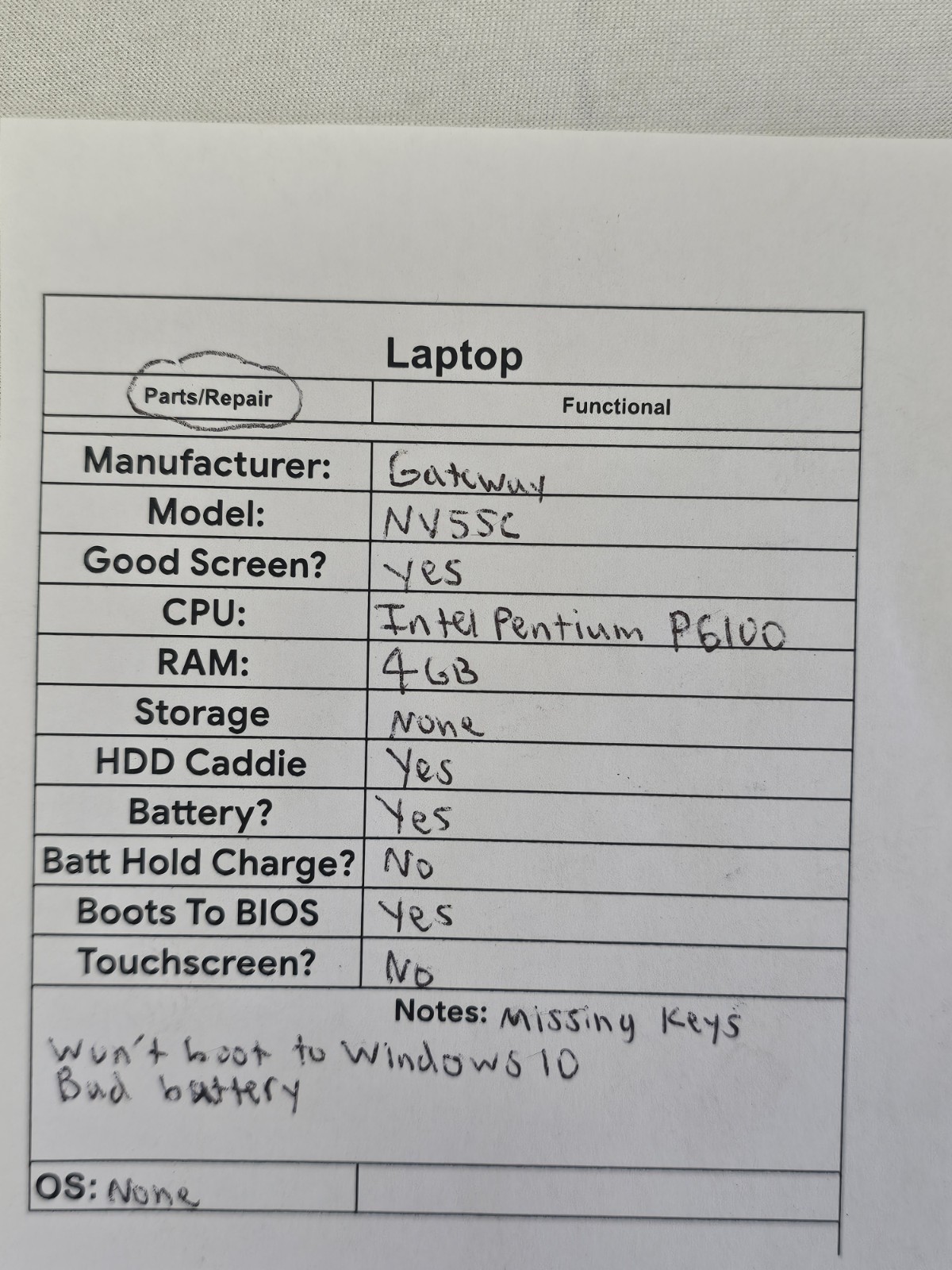 Gateway NV55C Laptop – Intel Pentium P6100 – BAD BATT – Parts/Repair – READ DESC