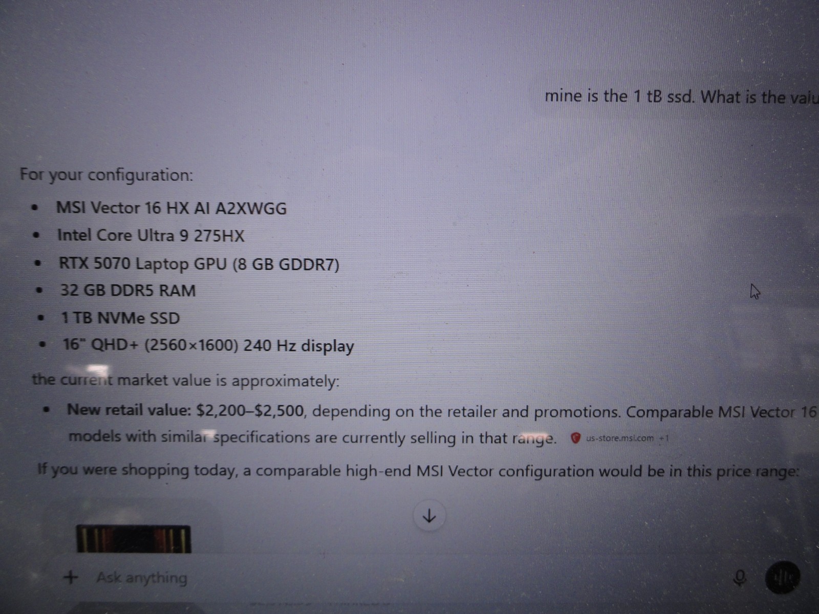 MSI VECTOR 16 HX AI A2XW / Core Ultra 9 / 32GB RAM / 1TB SSD – PRISTINE!
