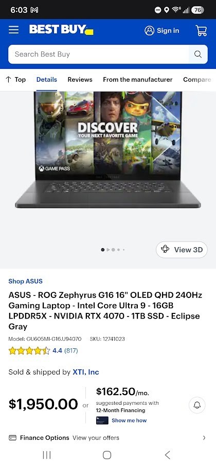 Asus Laptop ROG Zephyrus G16 GU605MI 16″ Intel Core Ultra 9 185H 1TB RTX 4070