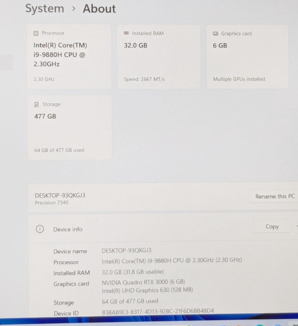 Dell Precision 7540 15.6″ i9-9880H 2.30GHz 32GB 512GB SSD W11P RTX 3000 42LX8Y2