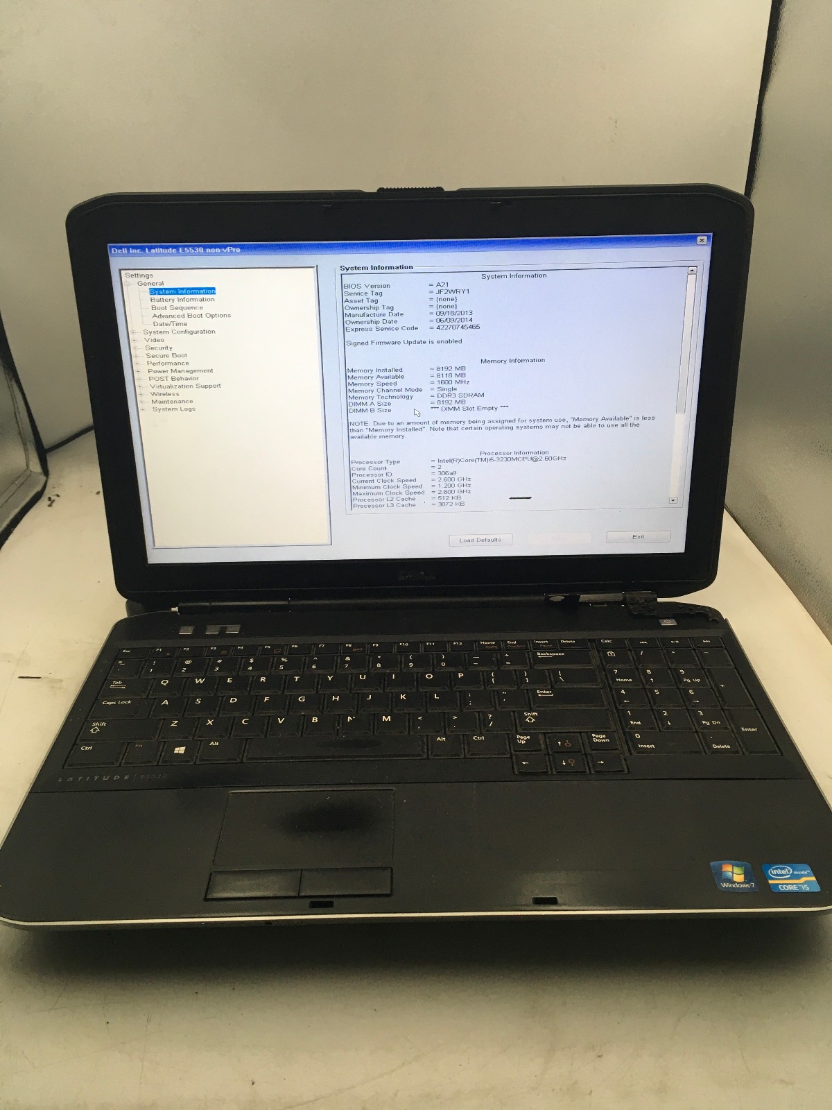 DELL LATITUDE E5530 – BOOTS TO BIOS/BAD HINGE – INTEL I5 3230M – NO RAM -READ-BB