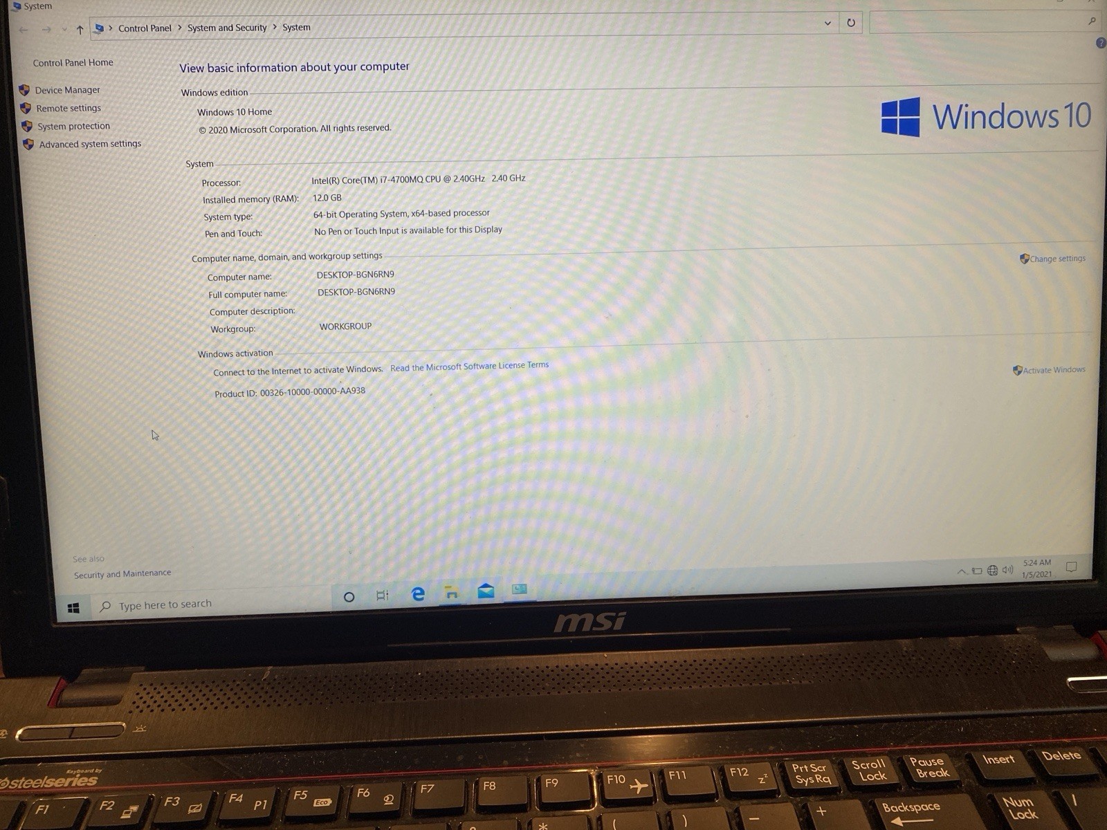 MSI Notebook MS-16GC Intel Core i7-4700MQ 2.4GHz 12GB RAM 500GB HD Win 10