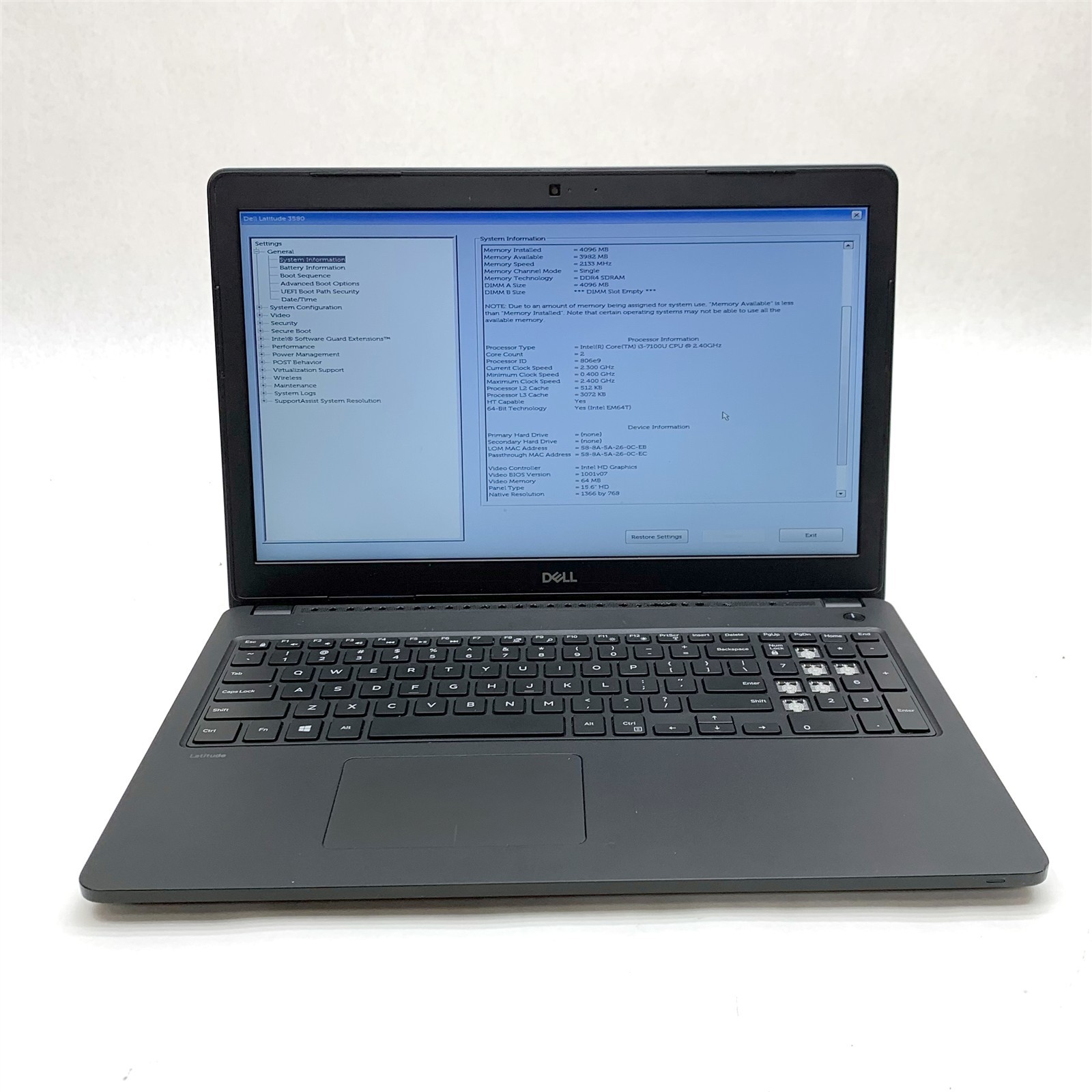 Dell Latitude 3580 15.6″ HD Intel i3-7100U 2.40 GHz 4GB DDR4 No Drive, AC, Fair
