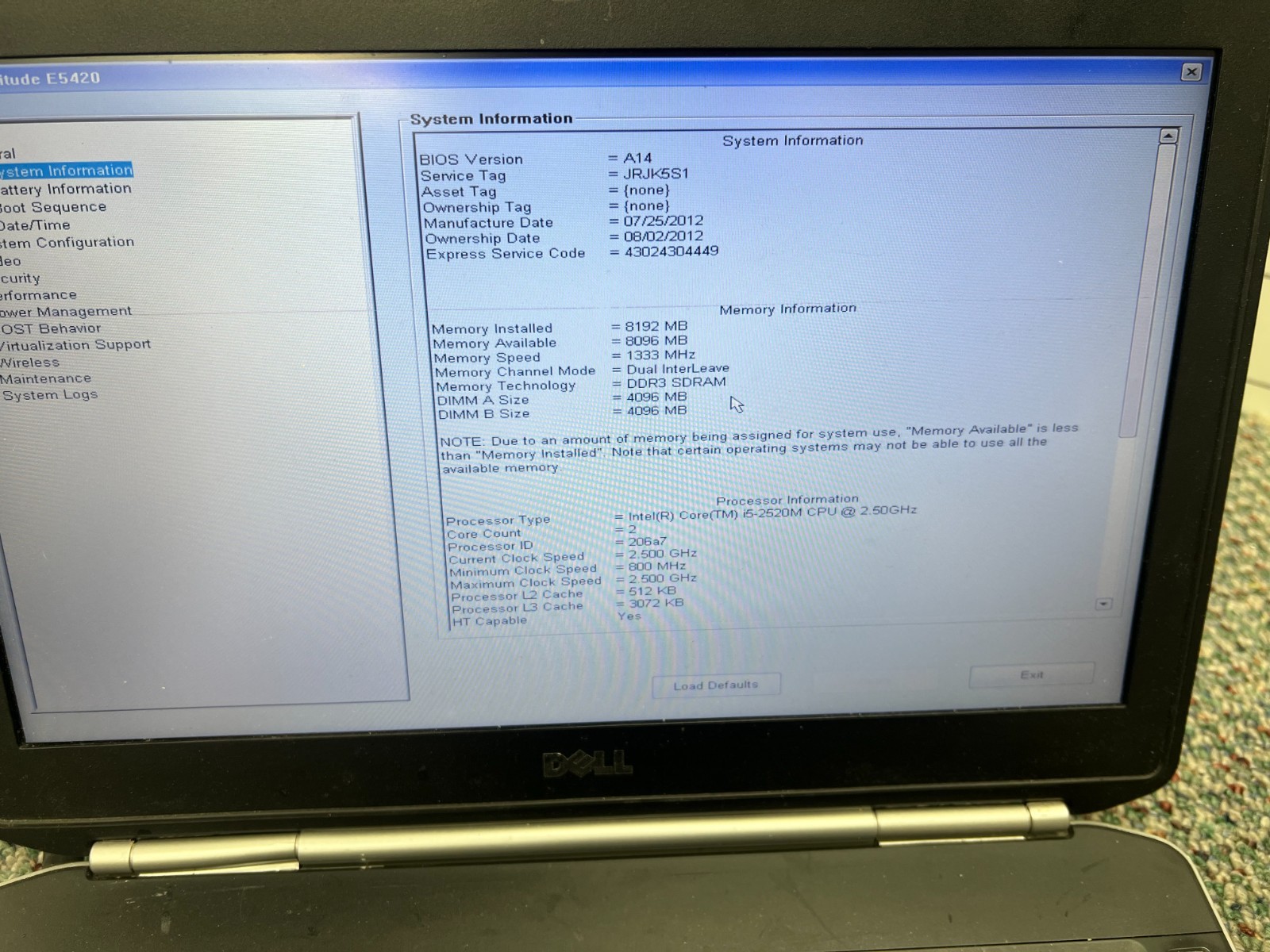Dell Latitude E5420 Intel Core i5-2520M 2.50GHz 8GB RAM NO HDD No OS