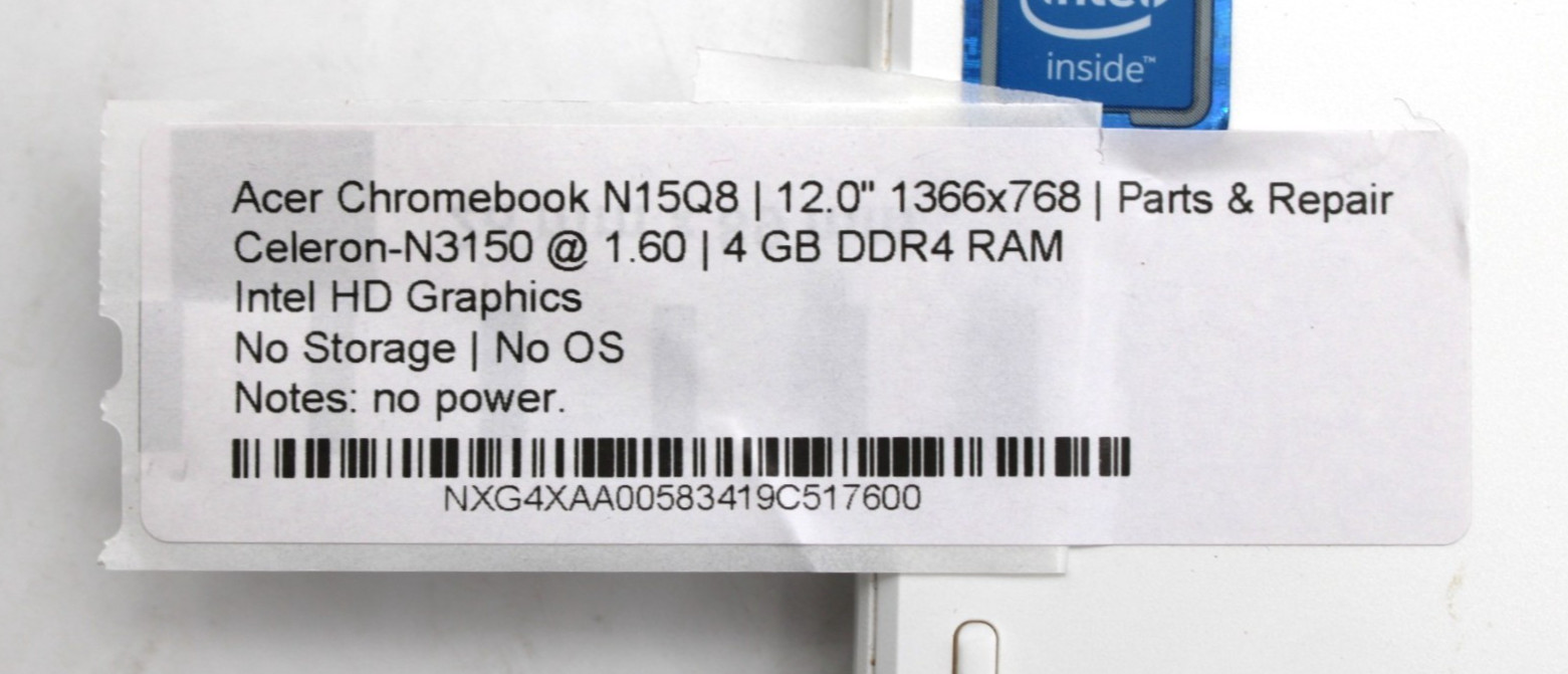 Acer Chromebook N15Q8 Celeron-N3150@1.6GHz 4GB DDR4 NO STORAGE/OS *PARTS/REPAIR*