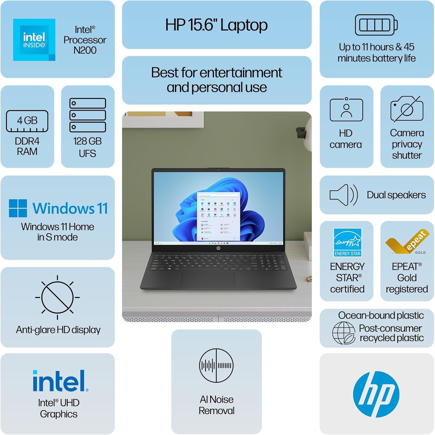 HP 15.6″ HD Display, Intel N200 4GB RAM, 128GB UFS, Windows 11 Home 15-fd0079wm