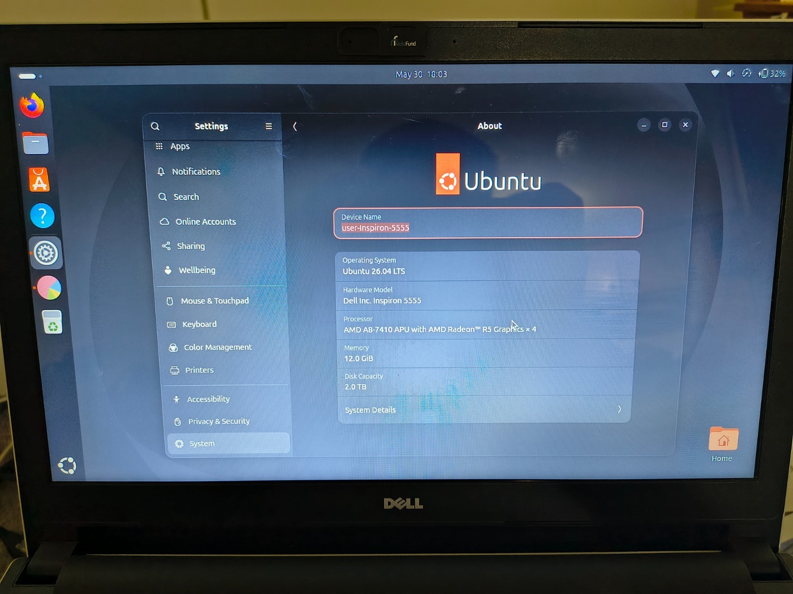 Dell Inspiron 15 5555 Laptop 2TB Hard Drive 12GB Ram AMD A8-7410 Ubuntu OS