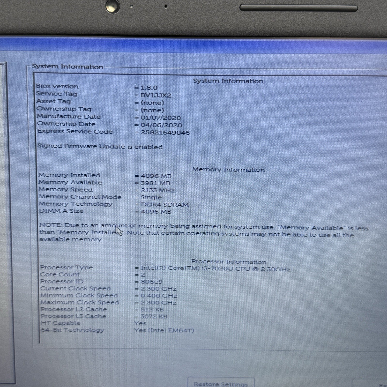 Dell Latitude 3300 13.3″ Laptop i3-7020U @ 2.30GHz 4GB RAM – NO SSD -READ!- L66