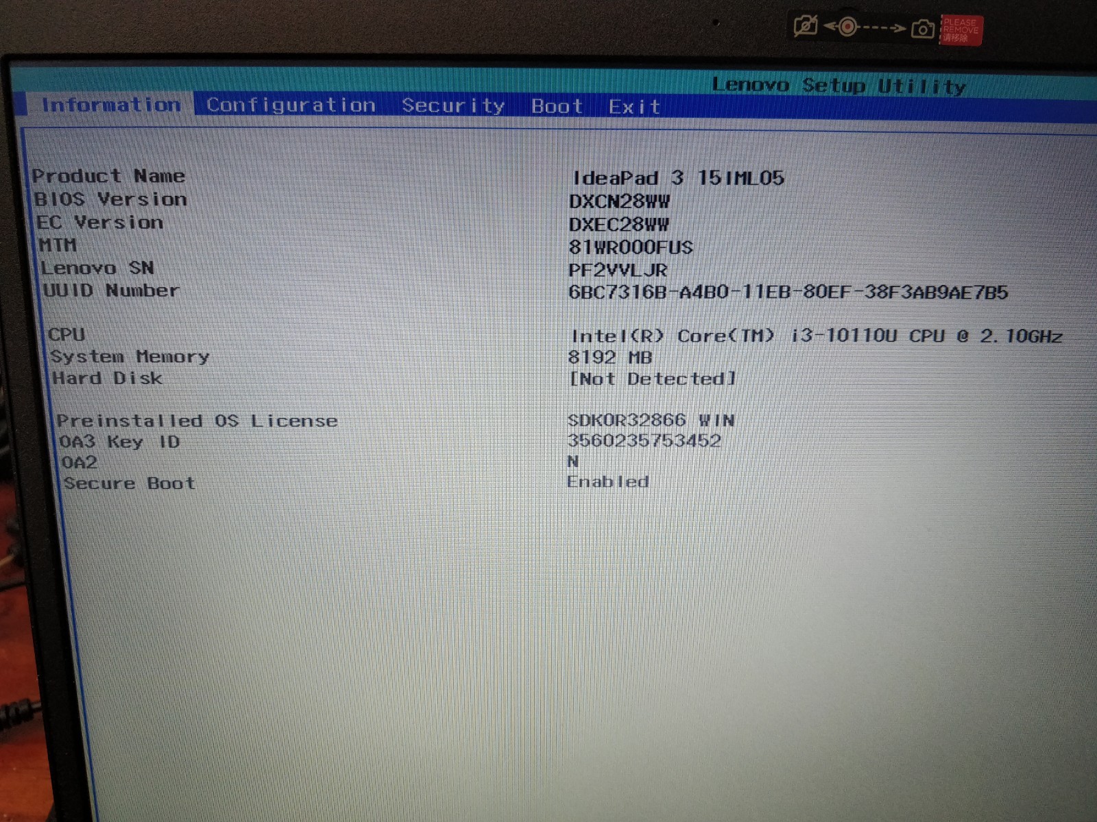 LENOVO IDEAPAD 3 15IML05 INTEL CORE I3-10110U 8GB RAM NO DRIVE PARTS 8902