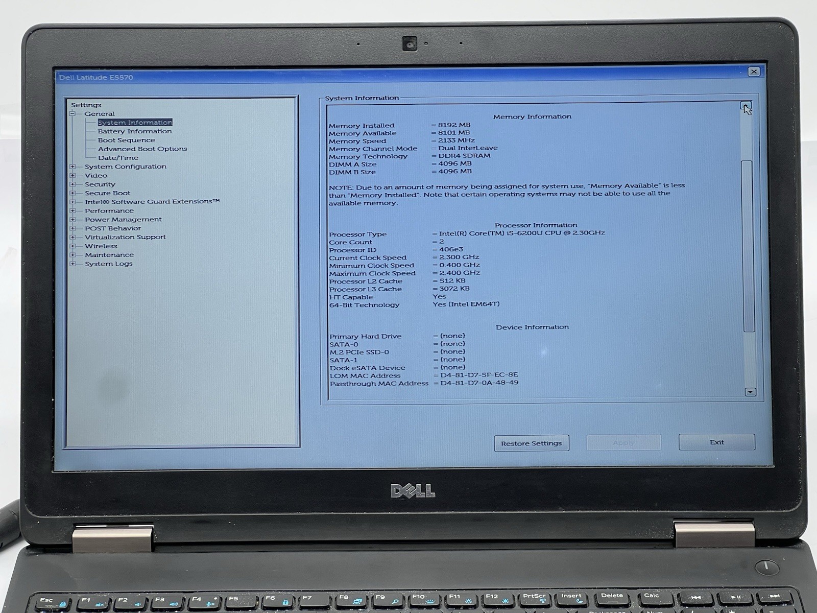 Dell Latitude E5570 15.6 inch (Core i5-6200U, 2.30GHz, 8 GB) No HDD/Charger/OS
