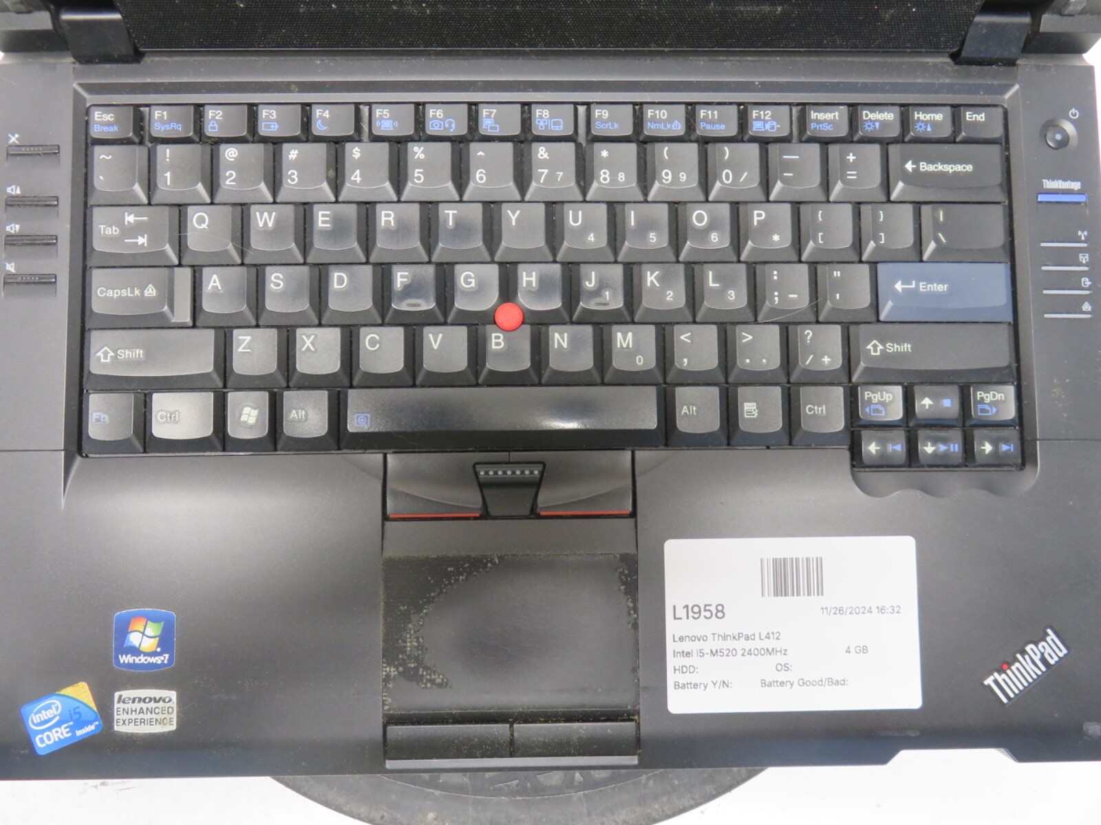 Lenovo ThinkPad L412 Intel i5-M520 2400MHz 4 GB NO HDD No Batt