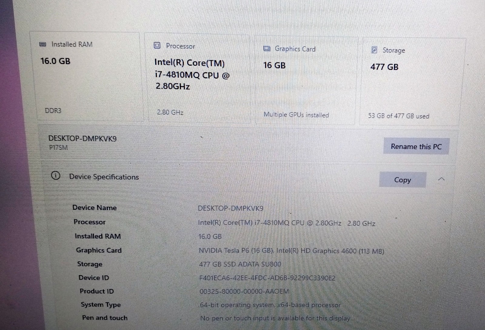 Sager Clevo P177SM NP8298 I7-4810mq 2.8-3.8Ghz 16GB 512GB NVIDIA “P5000” W10