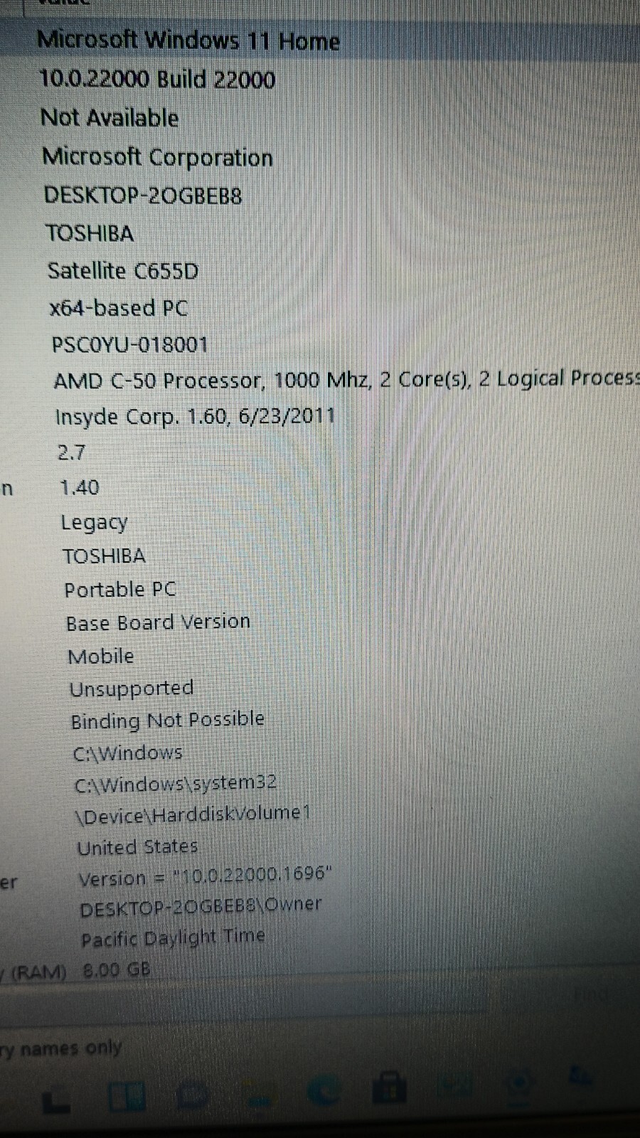 574 Toshiba C665D w/charger.AMD C-50.8GB.128GB SSD.Optical.15.6″.W11.Nice
