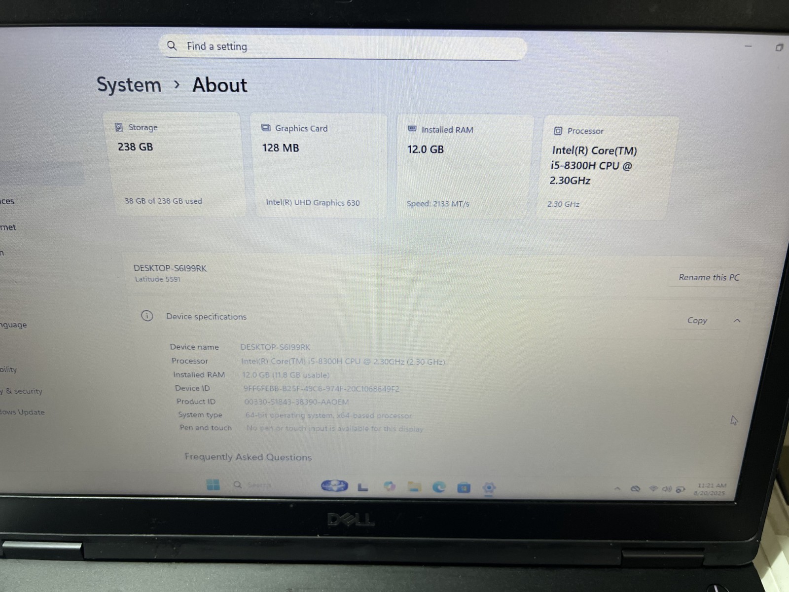 DELL LATITUDE 5591 i5-8300H@2.30GHz 12GB RAM 256GB SSD W11P WCHARGER *READ