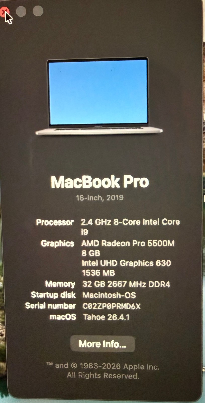 Apple MacBook Pro 2019 16″ Core i9 2.4 Ghz – 32GB – 2TB SSD Mac OS Tahoe 26.1