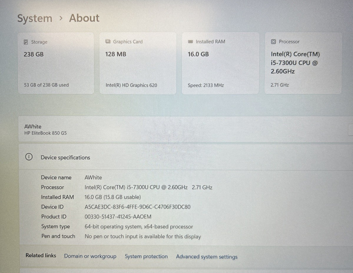 HP Elitebook 850 G5 Core i5-7300U 2.71GHZ 16GB , 256GB SSD, WINDOWS 11 PRO