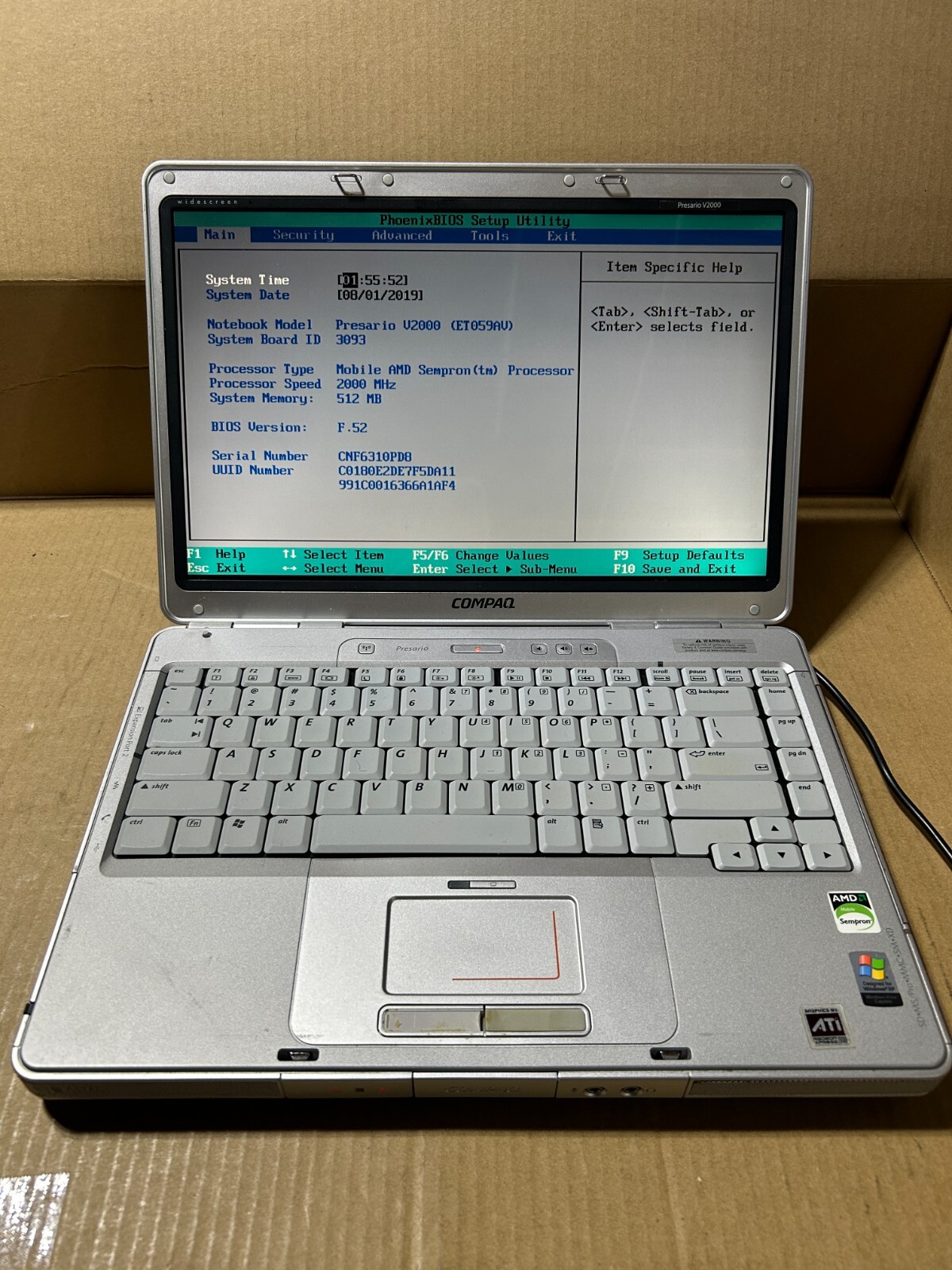 Used – Parts – Vintage Compaq Presario V2000 Laptop – AMD Sempron – 512MB RAM