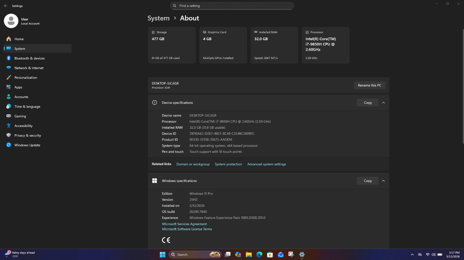 Dell Precision 3541 Mobile Workstation Intel(R) Core(TM)i7-9850H CPU @2.6 GHz 47