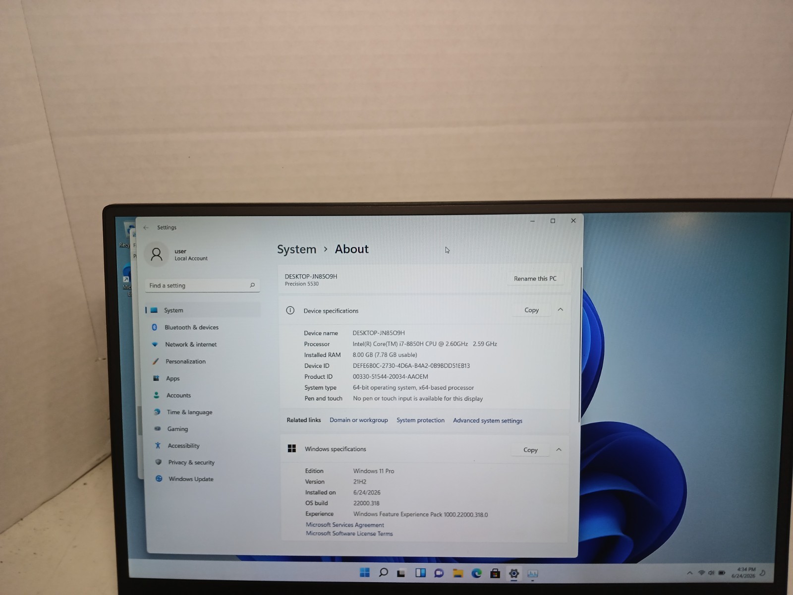 Dell Precision 5530 15.6″ Laptop i7-8850H 8GB RAM 512GB SSD Win11 P1000 #97